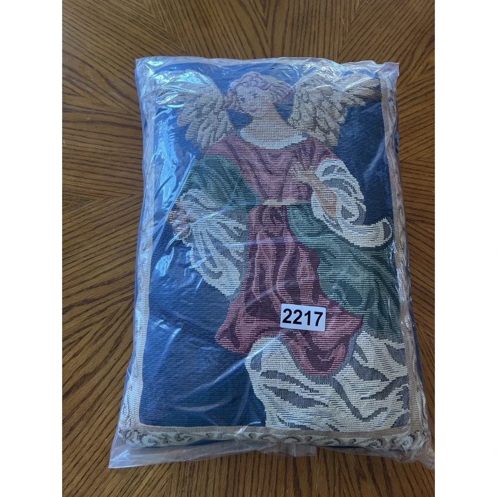 Tapestry Angel Throw Pillow Christmas Holiday Decor Blue Gold Vintage 15